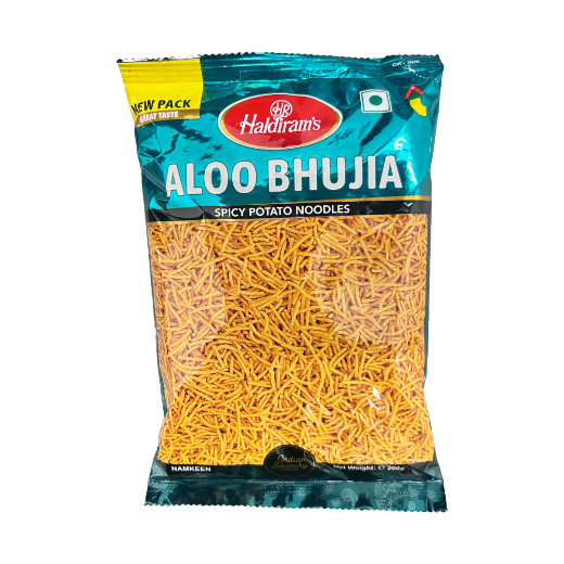 "Haldiram Aloo Bhujia – crispy and spicy potato-based Indian namkeen snack. Buy from an Indian grocery mart online or find it in local stores.