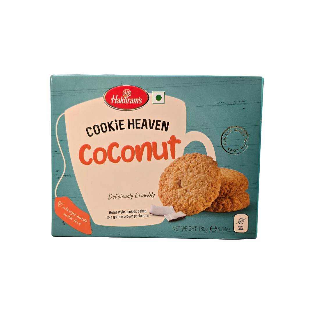 Haldiram Cookie Heaven Coconut – crunchy Indian biscuits with real coconut flavor. Buy from an Indian food shop online or find it in local stores