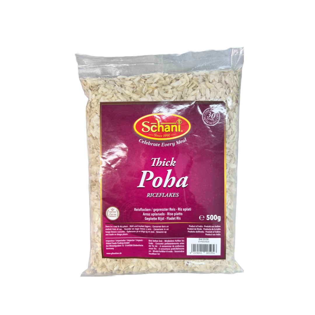 Schani Thick Poha – premium flattened rice, ideal for making Indian breakfast dishes like poha and chivda. Buy from an online Indian food store