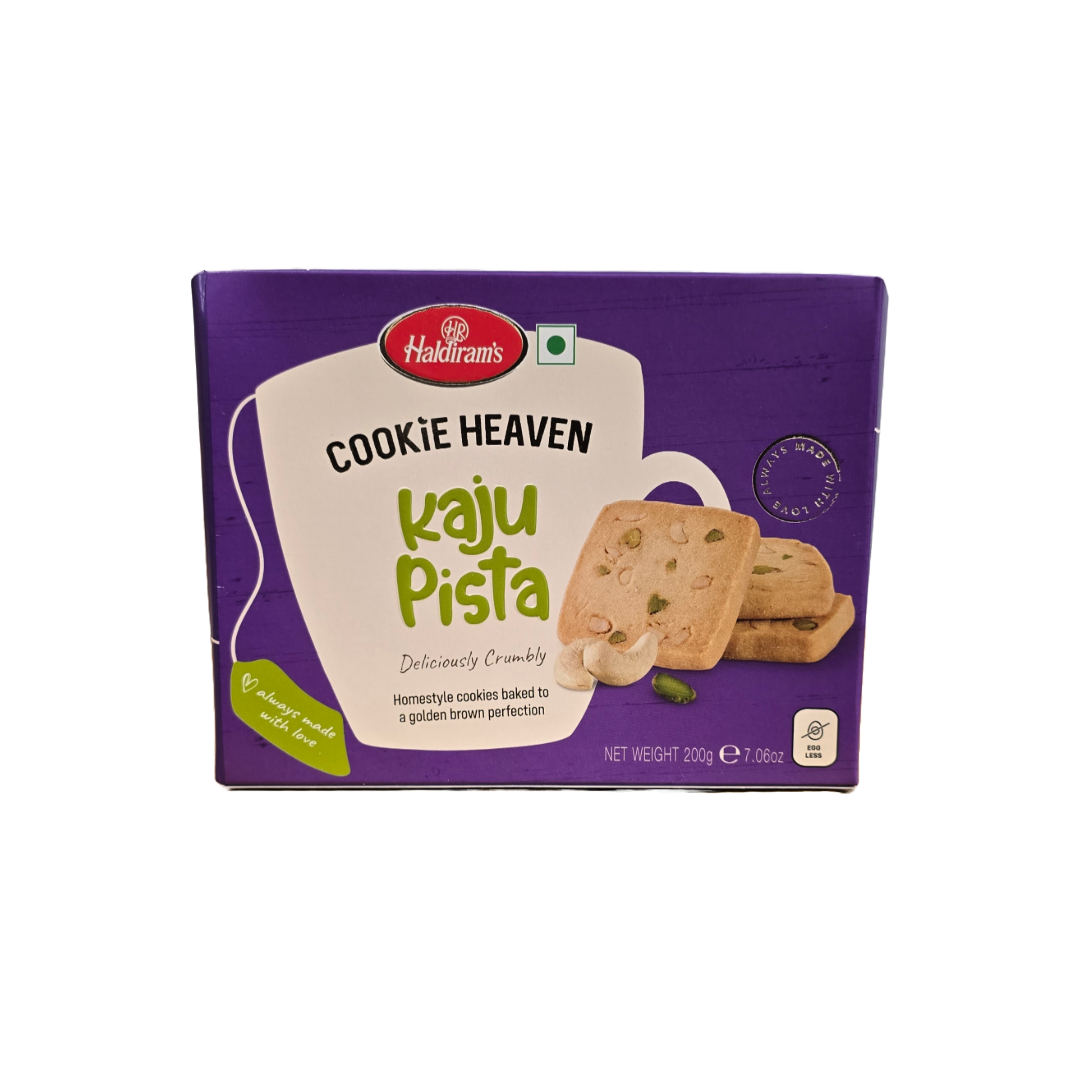 Haldiram Cookie Heaven Atta Kaju Pista – delicious Indian biscuits made with wheat flour, cashews, and pistachios. Buy from an Indian grocery website 