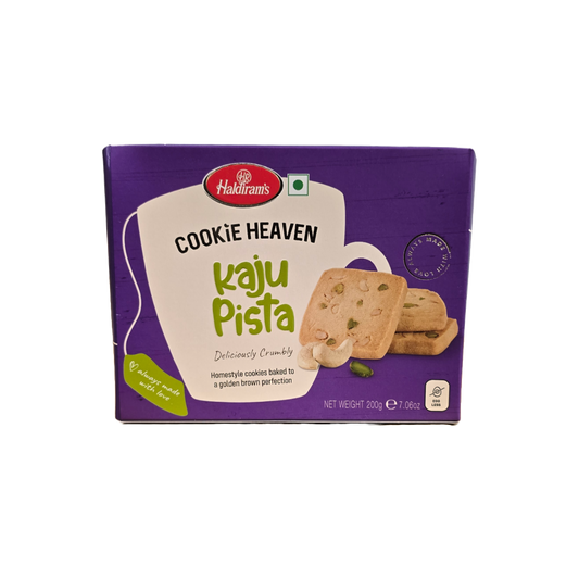 Haldiram Cookie Heaven Atta Kaju Pista – delicious Indian biscuits made with wheat flour, cashews, and pistachios. Buy from an Indian grocery website 